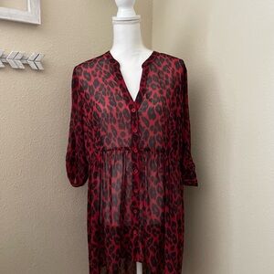 Torrid Red and Black Leopard Sheer 3/4 Sleeve High Low Blouse (Size 0)